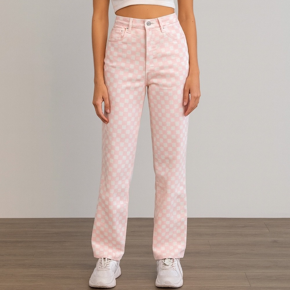 Pink Checkerboard Wide Leg Jeans - Women's Flare